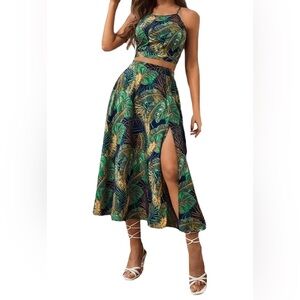 VCAY Tropical Print Cami Top & Split Thigh Skirt Summer TwoPiece Outfit SIZE MED